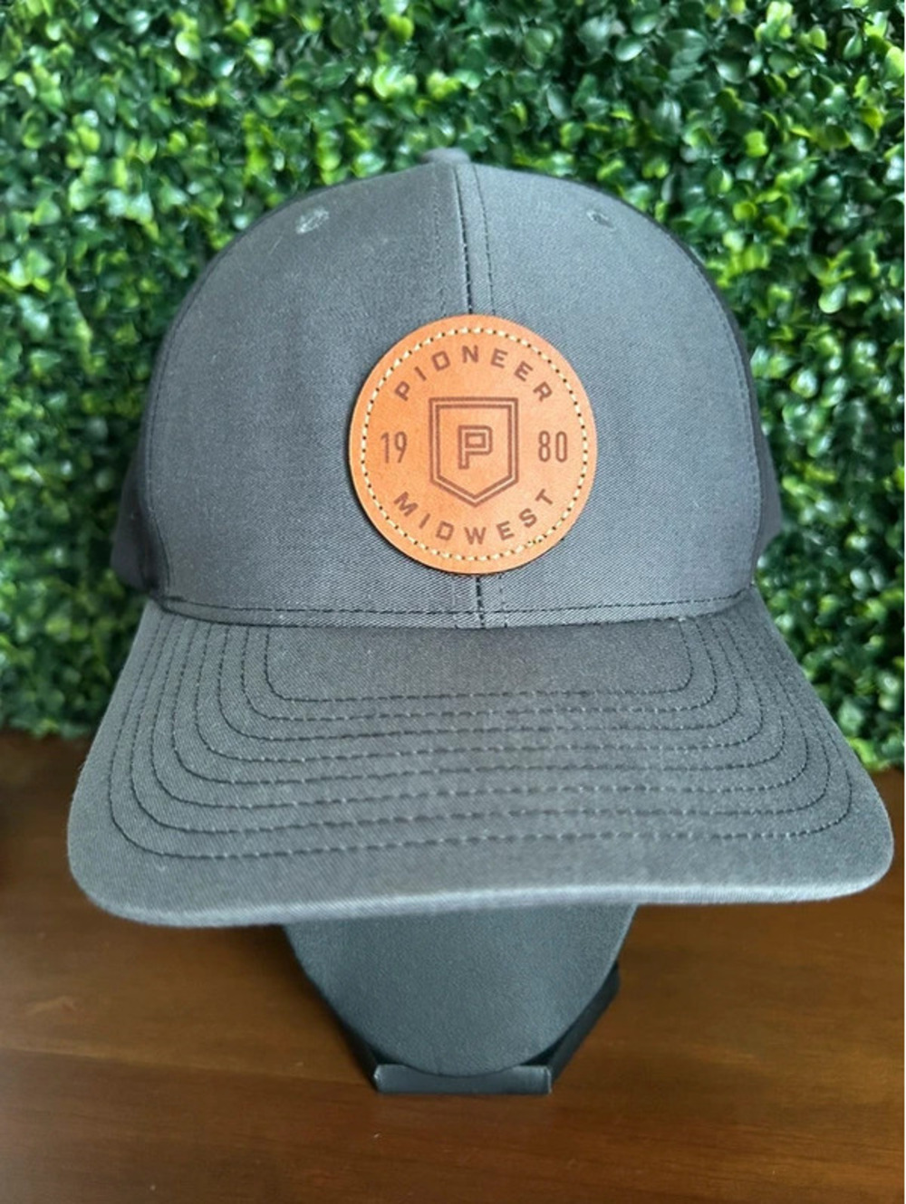 Pioneer Midwest 1980 Charcoal Gray Leather Patch Adjustable Dad Hat